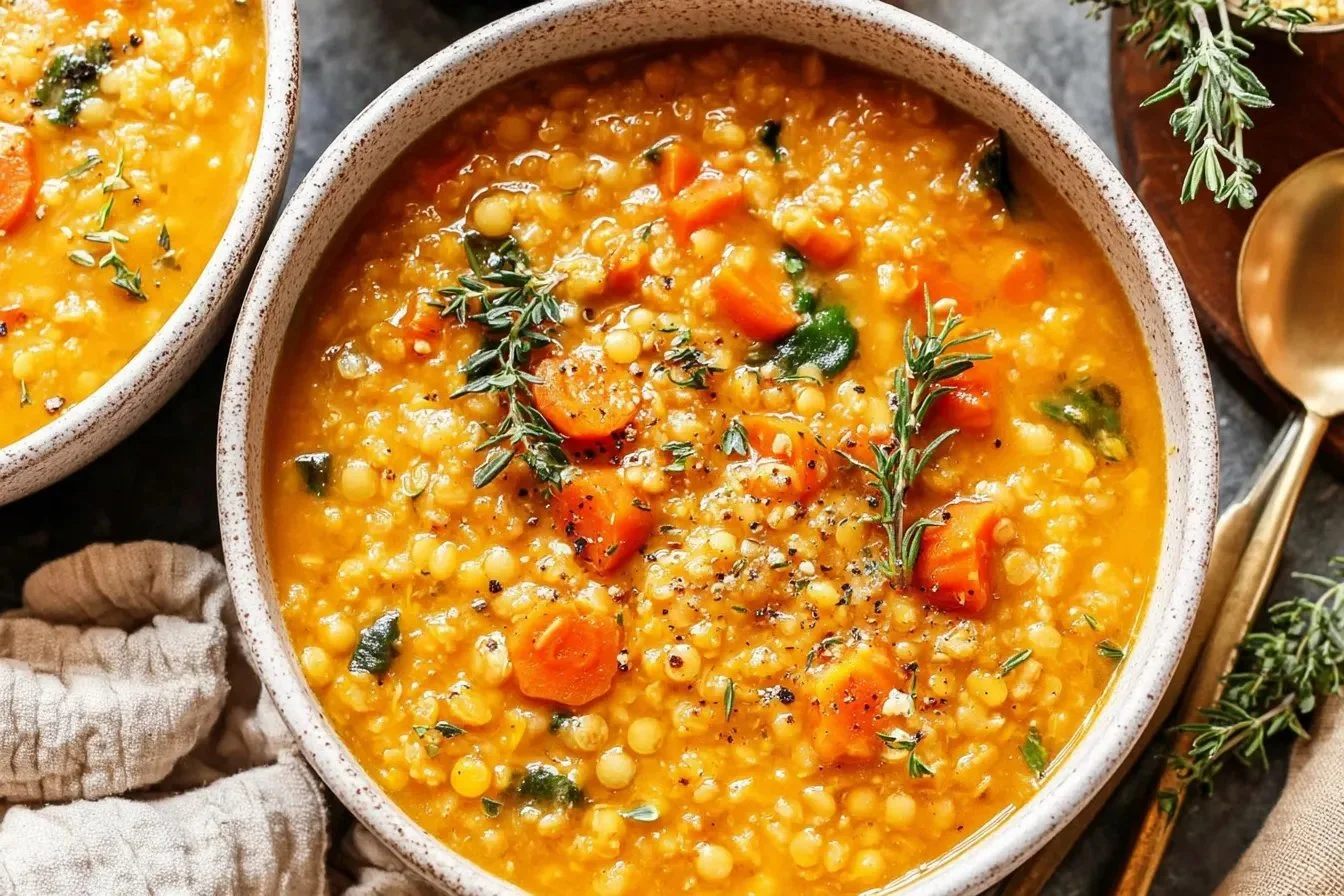 Cozy anti-inflammatory lentil soup in a bowl, garnished with herbs.