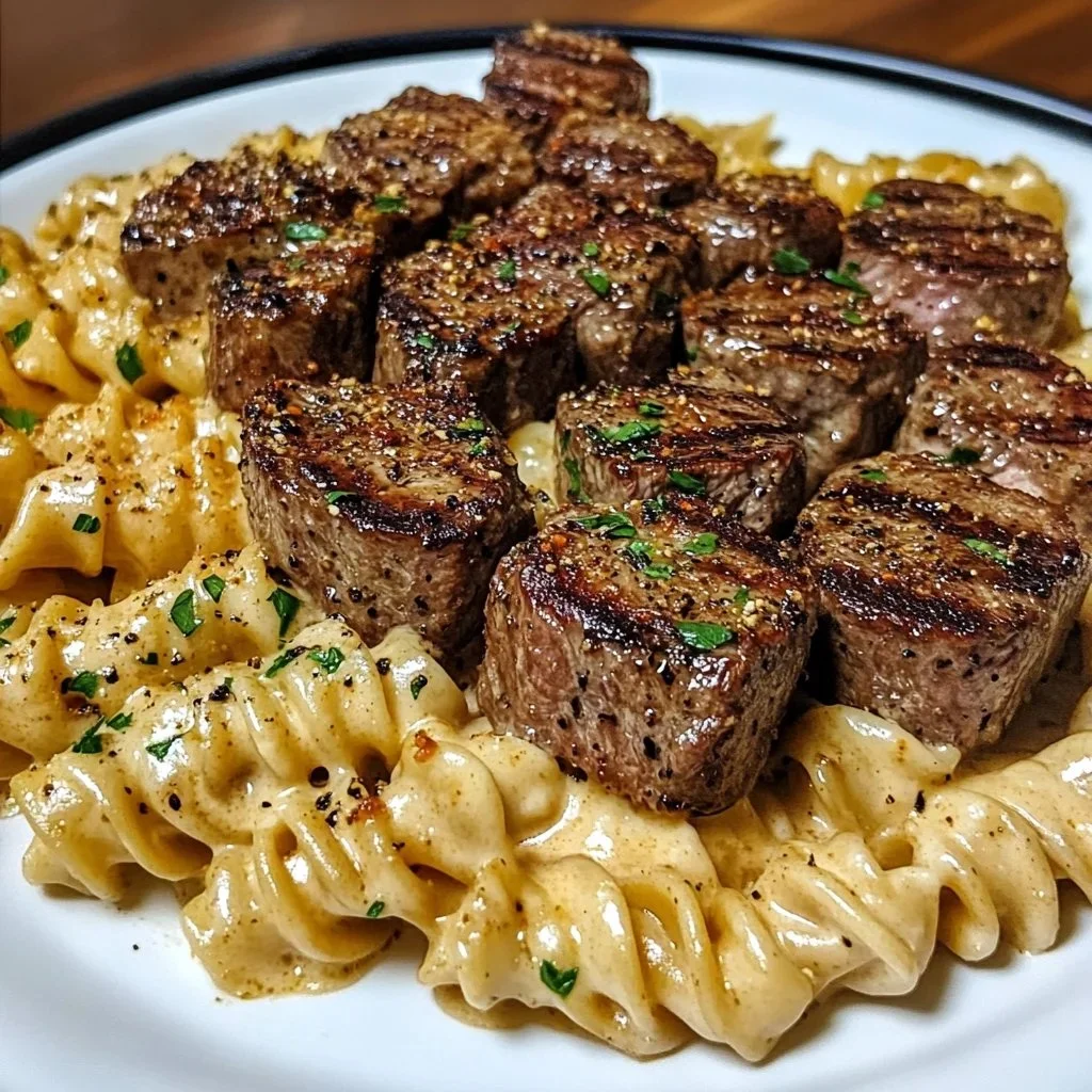 Creamy garlic butter steak bites served with spicy Cajun Alfredo twisted pasta.