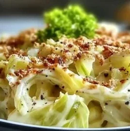 Creamy Cabbage Alfredo dish in a skillet, showcasing comfort food bliss.