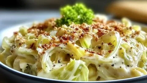 Creamy Cabbage Alfredo dish in a skillet, showcasing comfort food bliss.