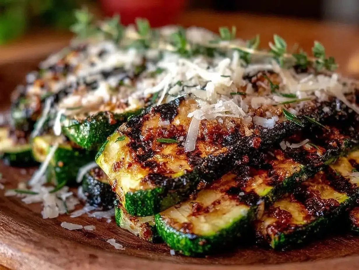 Crispy grilled zucchini topped with Parmesan and fresh herbs on a plate