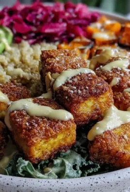 Crispy tofu Buddha bowl with colorful vegetables and tahini dressing
