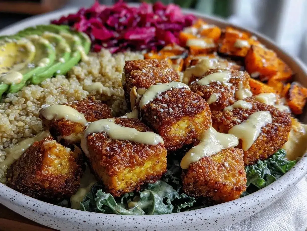 Crispy Tofu Buddha Bowl Recipe with Creamy Tahini Dressing