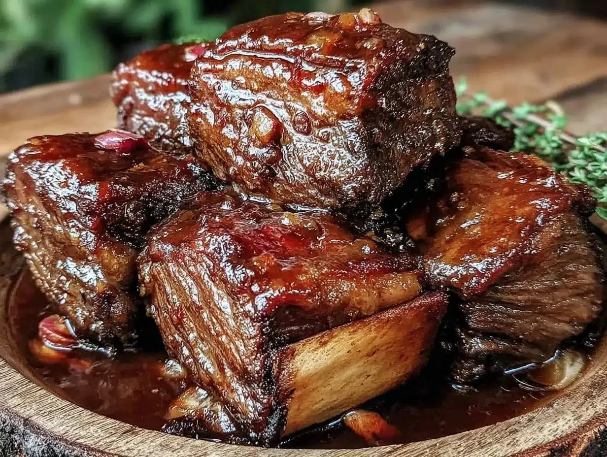 Slow Cooker Beef Short Ribs served with vegetables and sauce
