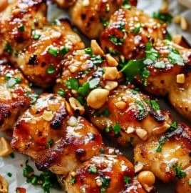 Easy grilled chicken skewers with honey garlic sauce on a serving plate.