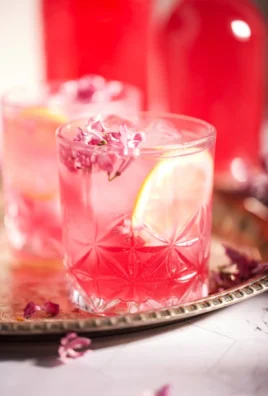 Glass of homemade fermented lilac soda with vibrant lilac flowers.