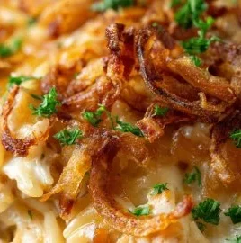 Delicious French onion chicken orzo casserole topped with melted cheese
