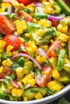 Bowl of fresh corn salad with colorful vegetables and dressing