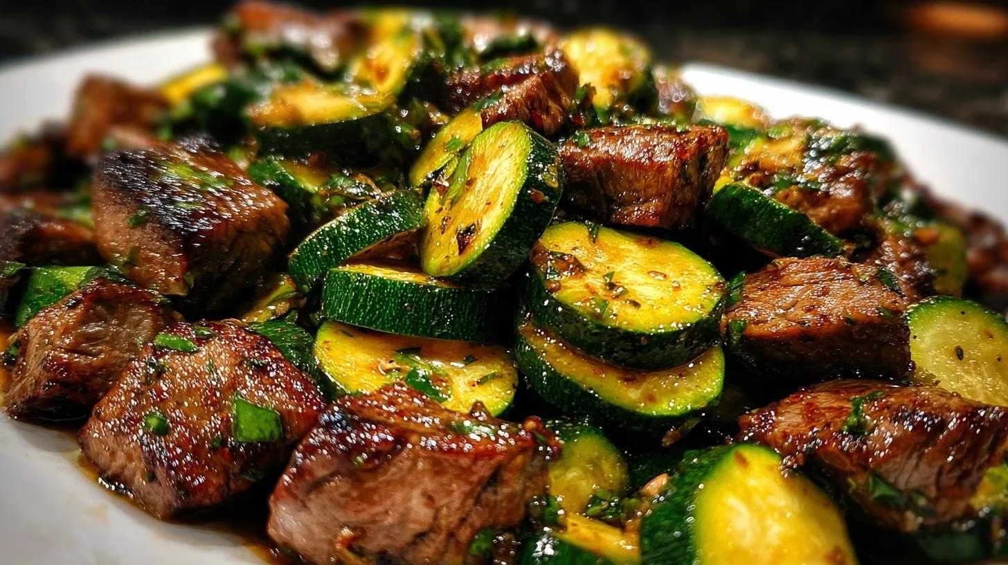 Plate of Garlic Butter Steak Bites garnished with herbs