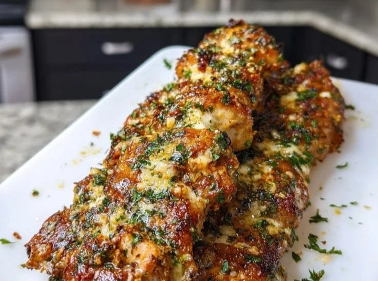 Garlic Parmesan Chicken Skewers on a grill with herbs and seasoning