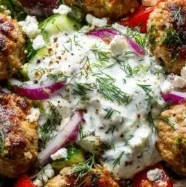 Greek Turkey Meatball Bowls with fresh veggies and yogurt sauce