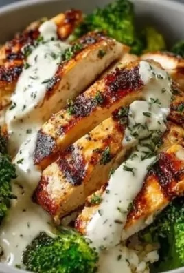 Grilled chicken broccoli bowls topped with creamy garlic sauce