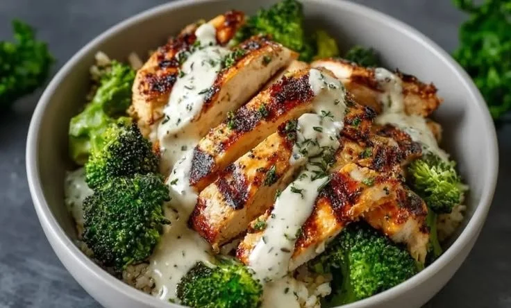 Grilled Chicken Broccoli Bowls with Creamy Garlic Sauce