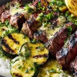 Delicious grilled steak bowl topped with fresh vegetables and sauces.