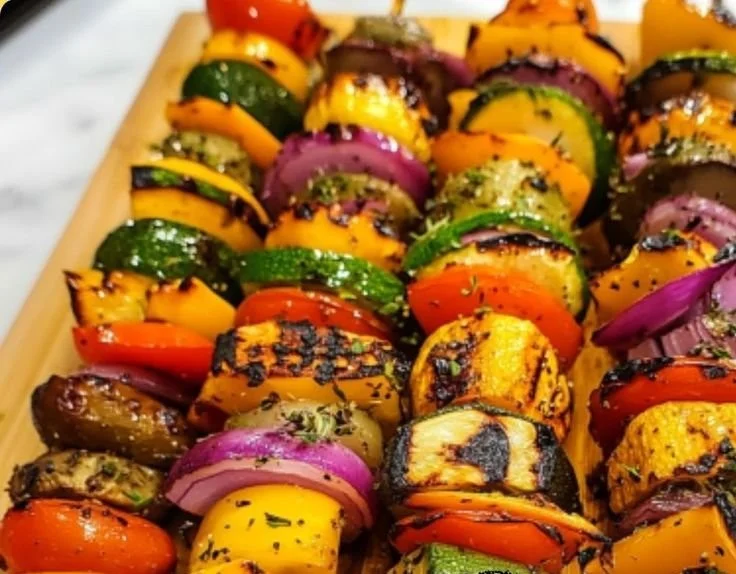 Colorful grilled vegetable kabobs on skewers with bell peppers, zucchini, and mushrooms