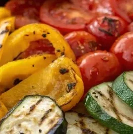 Colorful grilled veggie platter featuring assorted vegetables cooked to perfection.