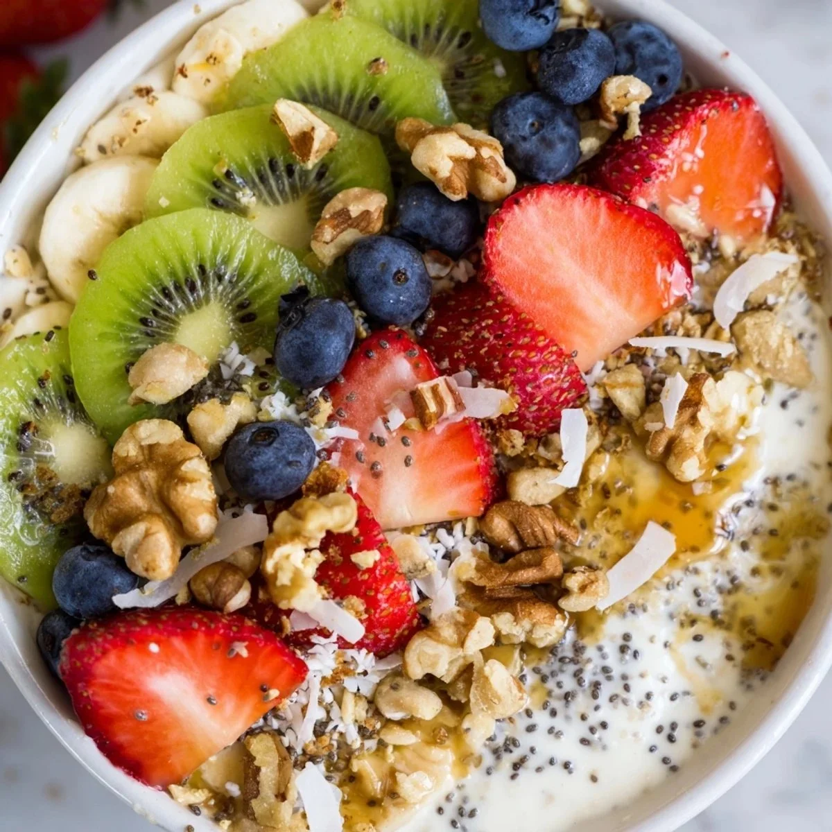Healthy breakfast bowl filled with fruits, nuts, and grains for a nutritious start.