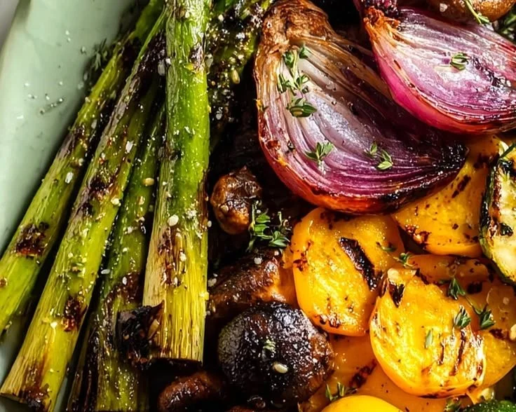 Plate of healthy grilled vegetables with asparagus and colorful bell peppers
