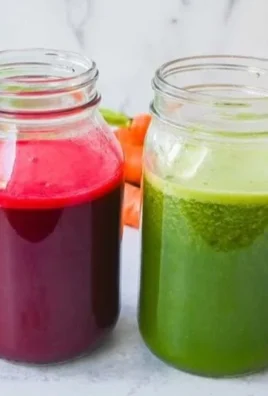 Variety of healthy juicing recipes with fresh fruits and vegetables