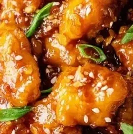 Plate of healthy orange chicken garnished with vegetables