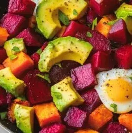 Healthy sweets and beets hash topped with avocado, showcasing vibrant colors.