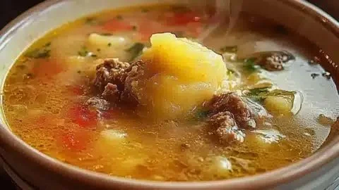 Bowl of hearty Golumpki Soup with cabbage and meat on a wooden table