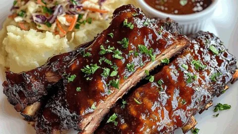 Delicious Instant Pot Sticky BBQ Beef Ribs garnished with herbs