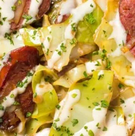 Delicious Keto Sausage and Cabbage Alfredo dish for low-carb diets.