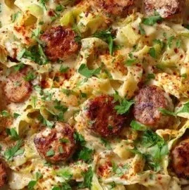 Keto Sausage Skillet with cabbage on a plate, a healthy and quick meal option