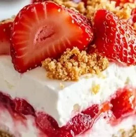 No-bake strawberry dessert topped with fresh strawberries and whipped cream