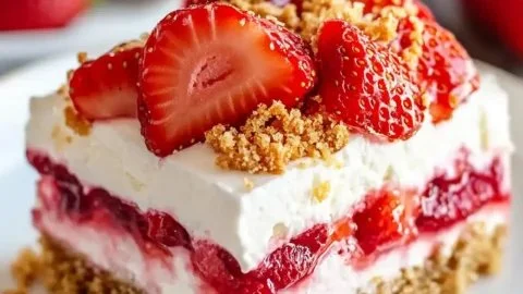 No-bake strawberry dessert topped with fresh strawberries and whipped cream