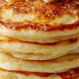 Stack of fluffy old-fashioned pancakes on a plate with syrup and berries
