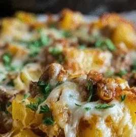 One Pan Cheesy Meat & Potato Skillet served with melted cheese