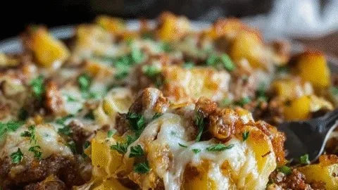 One pan cheesy meat and potato skillet dish ready to serve