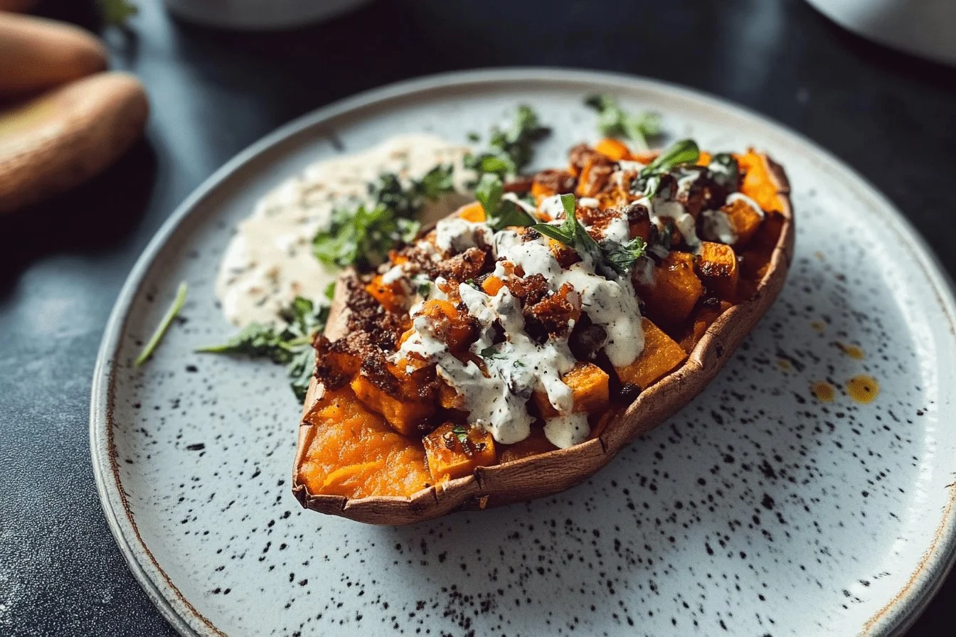 Protein loaded sweet potato boats filled with nutritious ingredients.