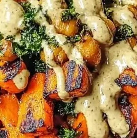 Vibrant roasted carrot chickpea bowl topped with greens and spices