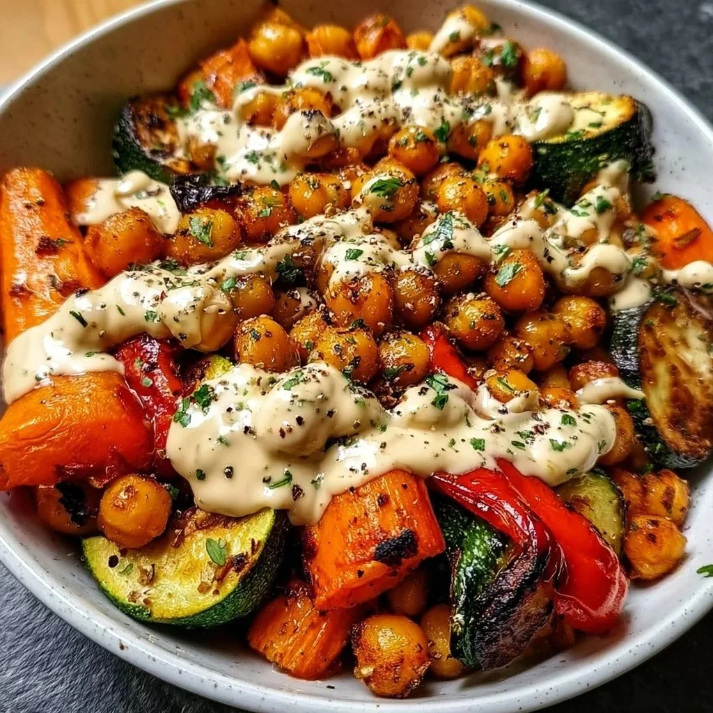 Roasted Vegetable & Chickpea Bowl garnished with fresh herbs and spices