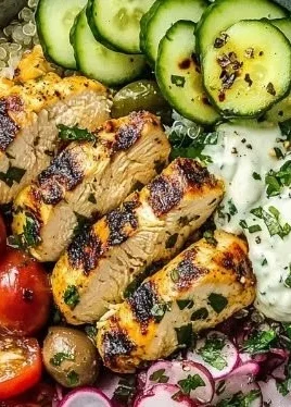 Savory Mediterranean Chicken Bowl with fresh ingredients and vibrant flavors.