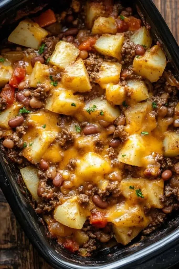 Delicious slow cooker cowboy casserole served in a bowl with toppings.