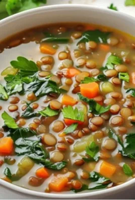 Bowl of vibrant Spinach Lentil Soup garnished with fresh herbs