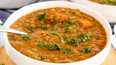 Bowl of the best lentil soup garnished with herbs and spices