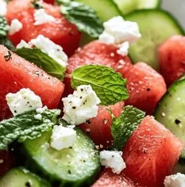 Refreshing watermelon and cucumber salad topped with feta cheese