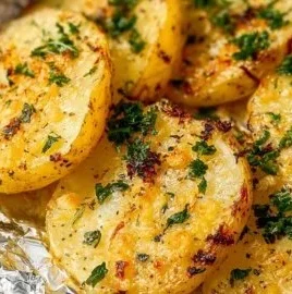Buttery grilled potatoes in foil ready to serve at a summer barbecue.