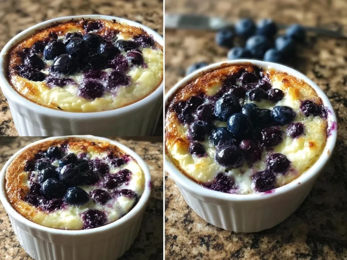 Baked blueberry cottage cheese bowls topped with fresh blueberries and granola.