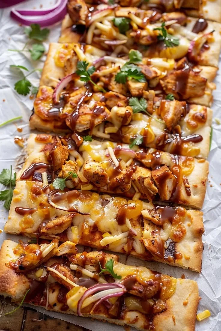 Delicious BBQ chicken flatbread topped with cheese and herbs