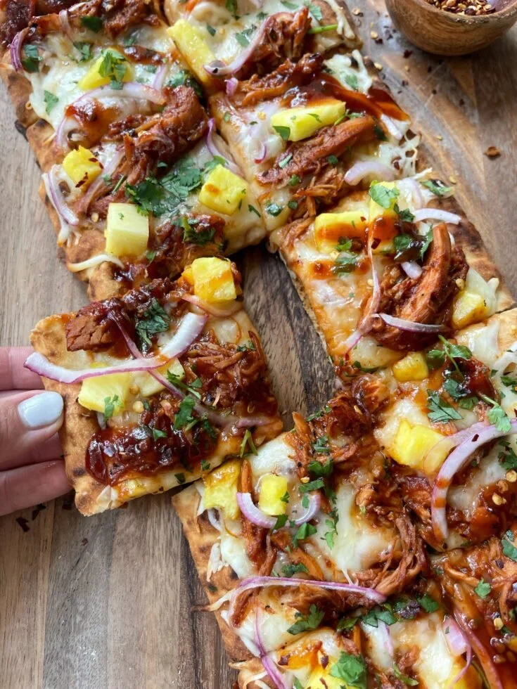 BBQ Chicken Pineapple Flatbread topped with juicy chicken and fresh pineapple