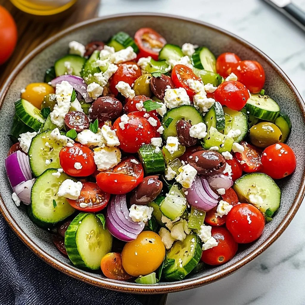 Fresh Greek salad served with olives, tomatoes, cucumbers, and feta cheese.