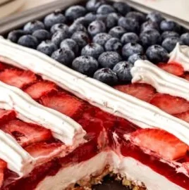 Delicious Strawberry Pretzel Jello Salad in a serving dish.
