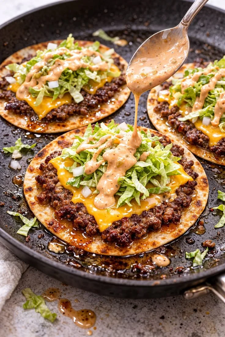 Big Mac Tacos served on a plate with toppings and sauces