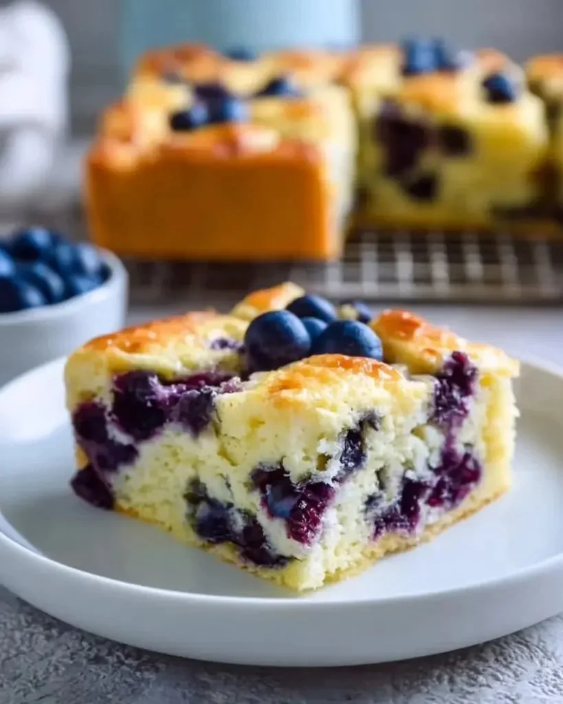 Freshly baked blueberry cottage cheese breakfast bake served in a dish